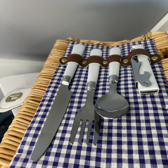 Sutherland Picnic Basket Woven Wicker Leather Straps Utensils Plates And Napkins - Picture 8 of 16